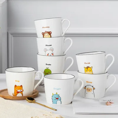 

Jingdezhen Household Cartoon 12 Zodiac Office Ceramic Mug Breakfast Milk Cup, As the picture show