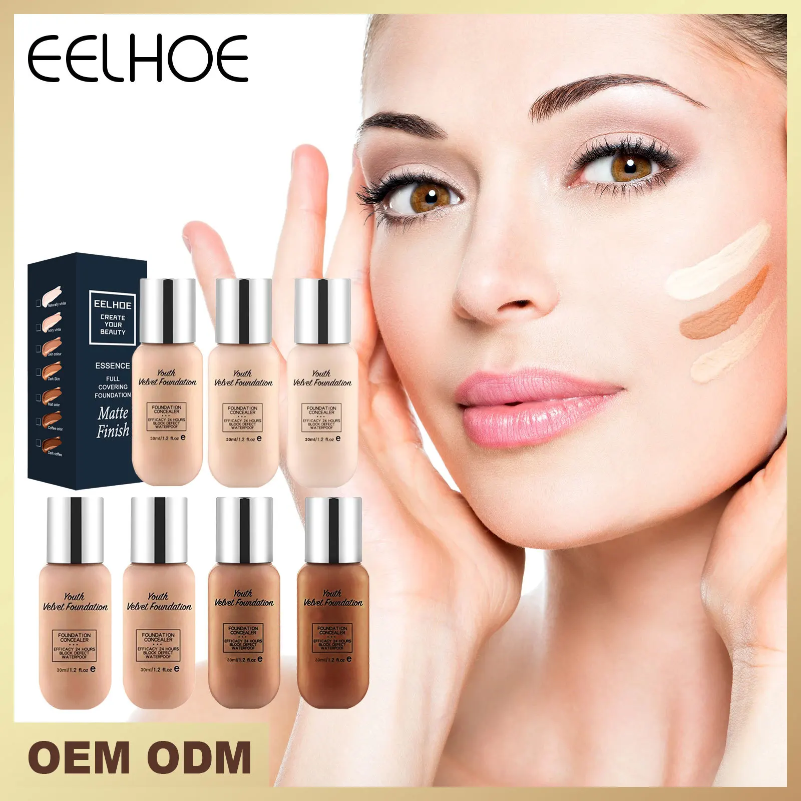 

eelhoe New long-lasting Private label high definition concealer Face makeup oil free matte finish full cover liquid foundation, 7 colors