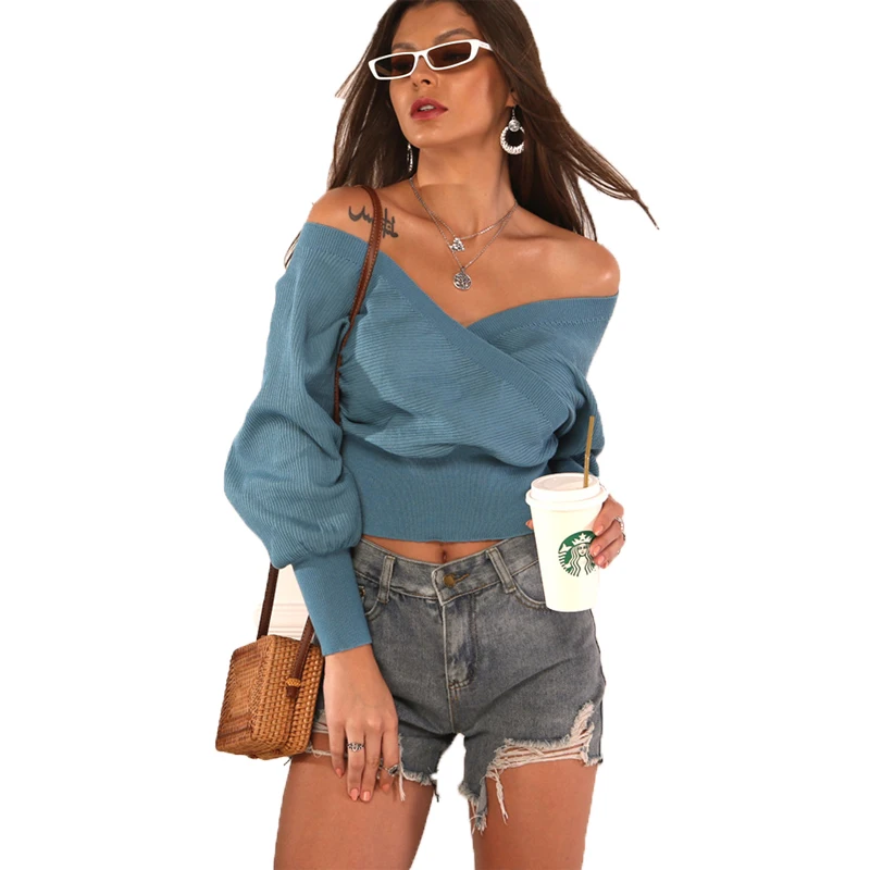 

spring twill deep V cross bat sleeve pure knitted sweater women off shoulder bodycon crop top ladies fashion jumper