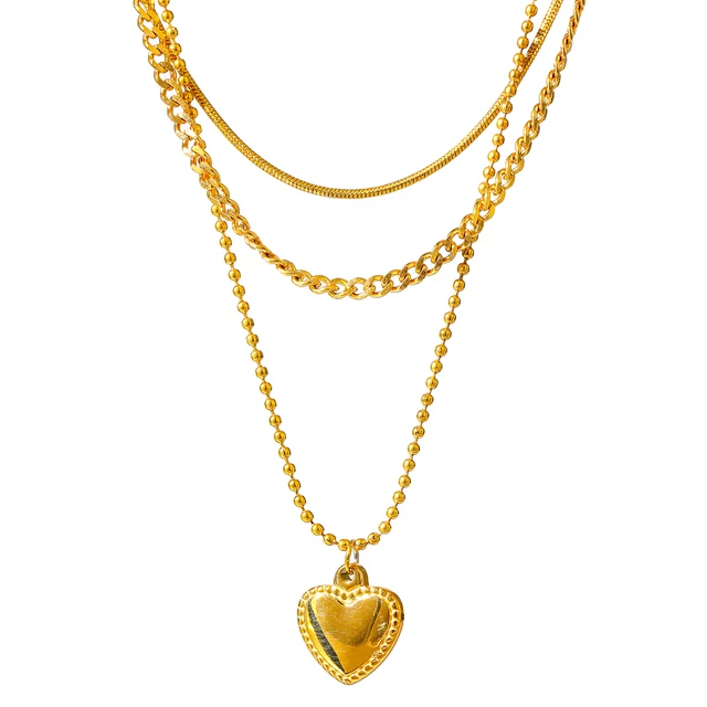 

JINYOU 1337 Romantic Heart Pendant Mulity Layer Chain Waterproof Stainless Steel 18k Gold Plated Bib NecklaceJewlery