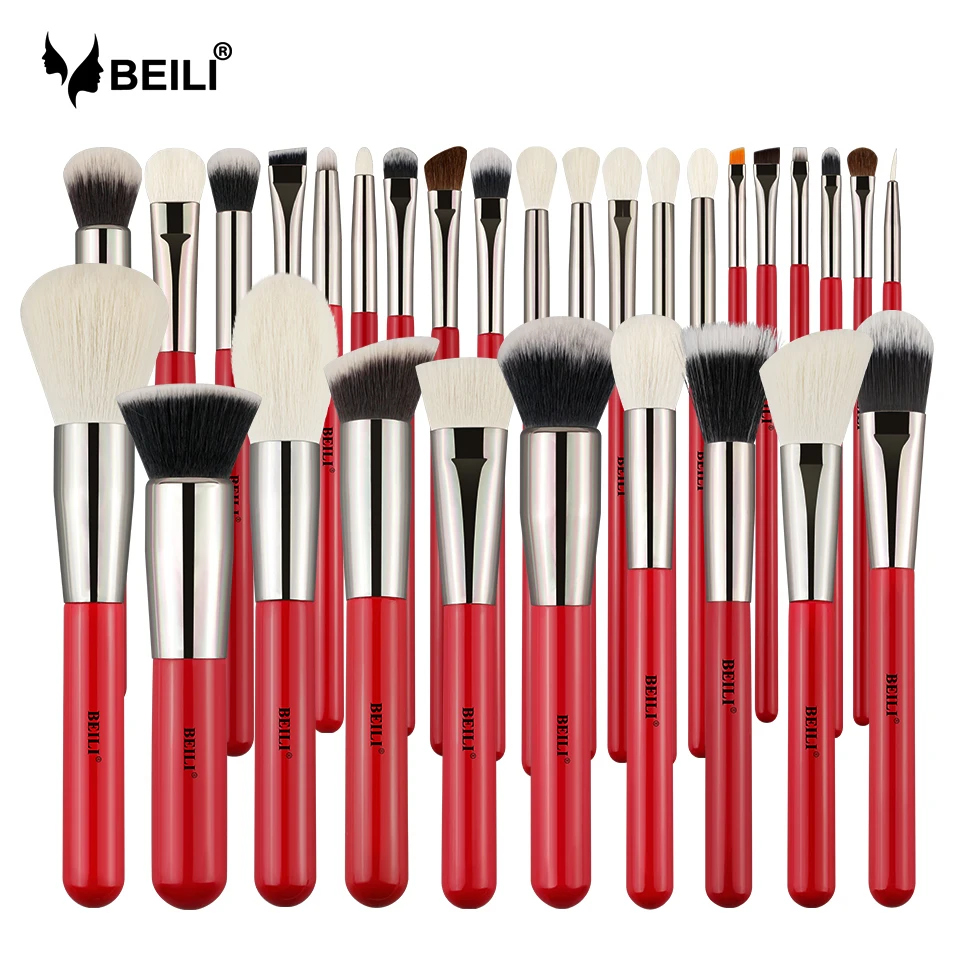 

BEILI 30pcs professional makeup brush set private label red wood handle natural synthetic hair dropshipping oem manufacture