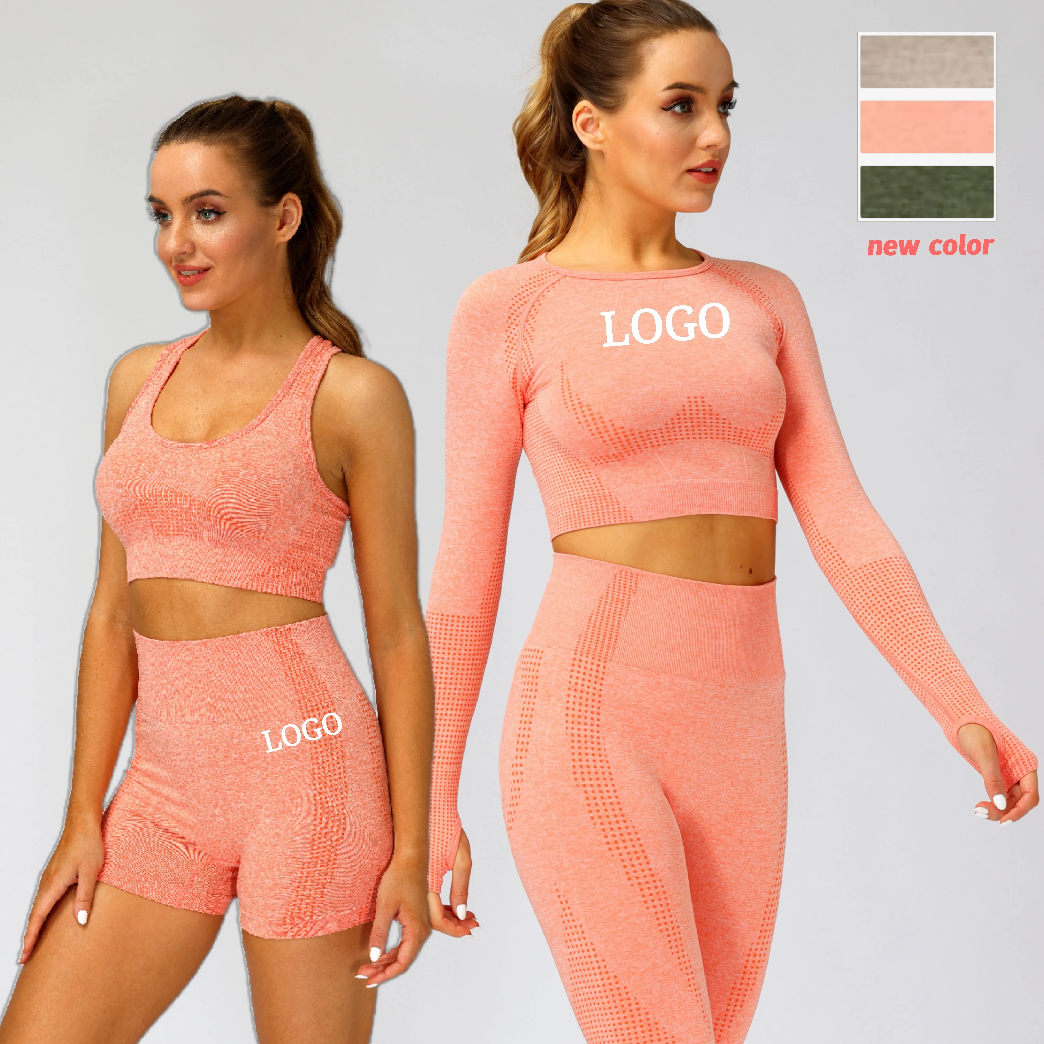 

New Color Women Sportswear Active Fitness Suit Workout Sport Wear Gym Clothing Long Sleeve Crop Top Seamless 5 pcs Yoga Set, Multicolor optional