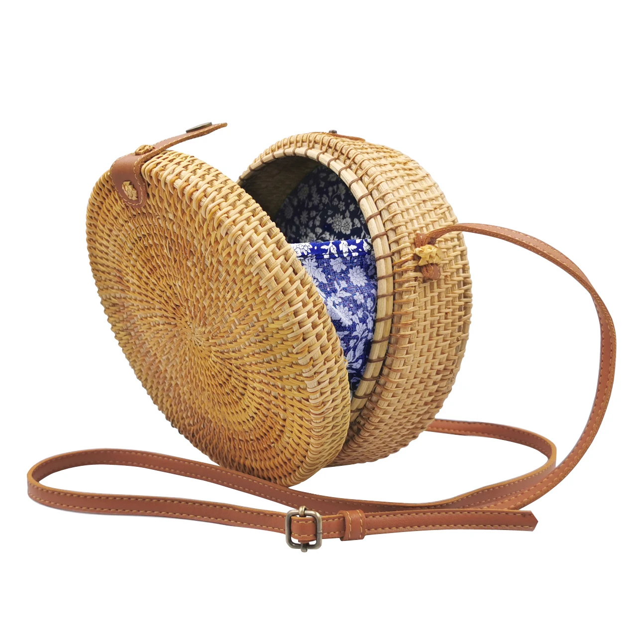 

Handwoven Round Rattan Bag for Women Bali Ata Straw Bags Adjustable Shoulder Leather Straps