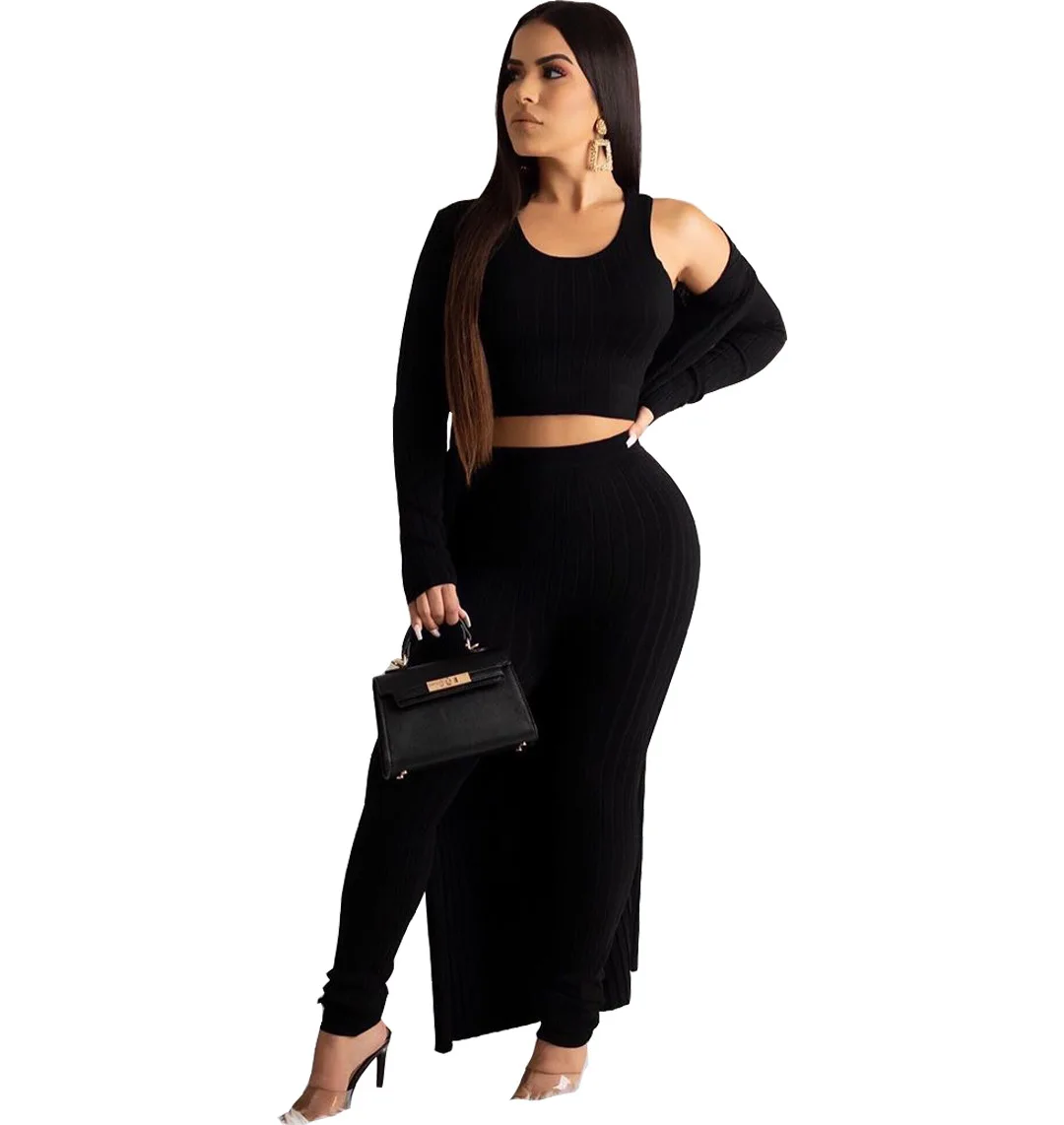 

B35622A 2021 Spring fashion casual pants set+robe 3 pcs loungewear clothes set