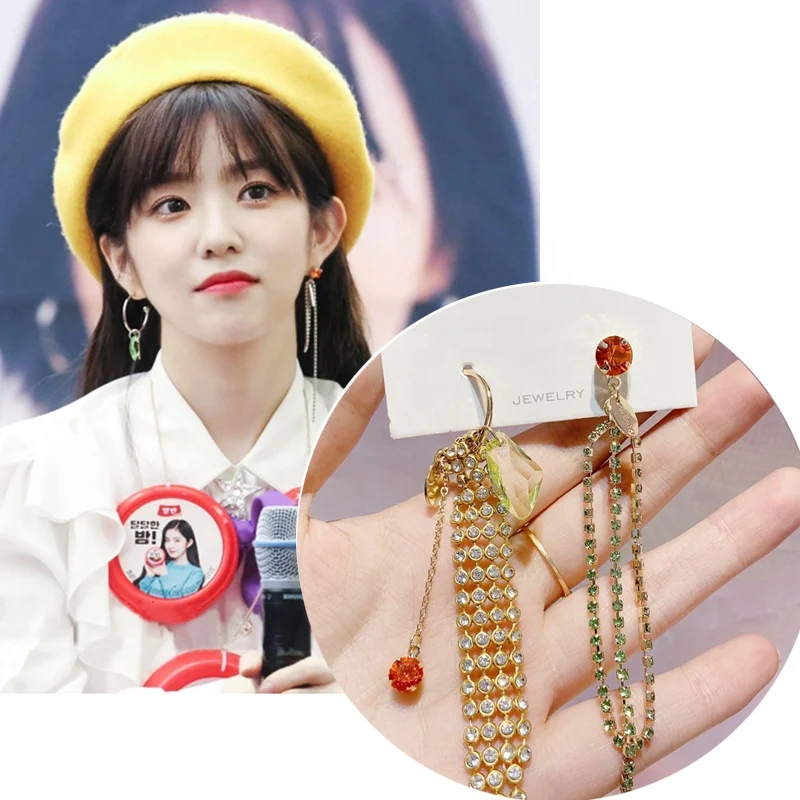 

Korean TV Star Long Rhinestone Tassel Drop Earrings For Women Girls Elegant Asymmetric Circle Oorbellen Party Jewelry