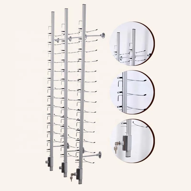 

Wall mounted aluminum alloy panel with locking rods aluminum eyeglasses display rods rack