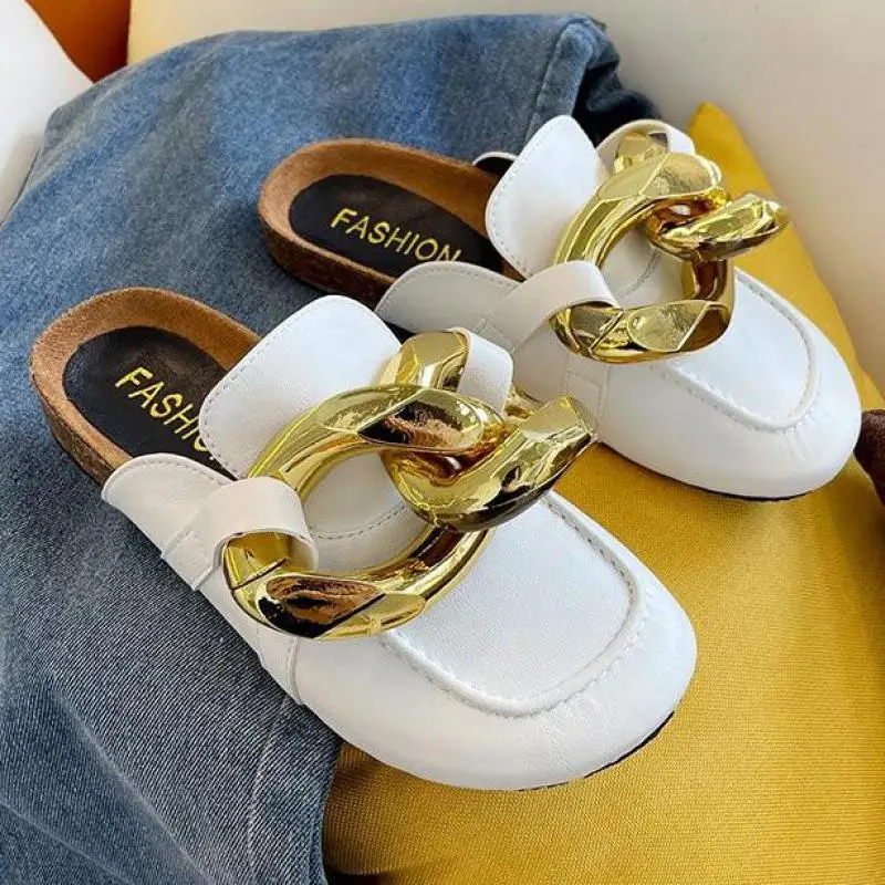 

Women Mules Slipper Casual Slides Flip-Flops Slippes Round Toe New Arrival Design Gold Chain Closed Slip On Shoes 2021