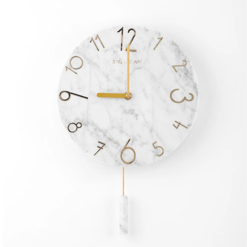 

12 Inch Luxury Marble Pendulum Clock Wall Swinging Wall Clocks Home Decoration Metal Pointer Clock For Living Room