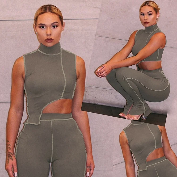 

Sleeveless Cut Out Top High Waist Flare Pants Women Clothing Stacked Leggings 2 Piece Set, Gray / black / pink