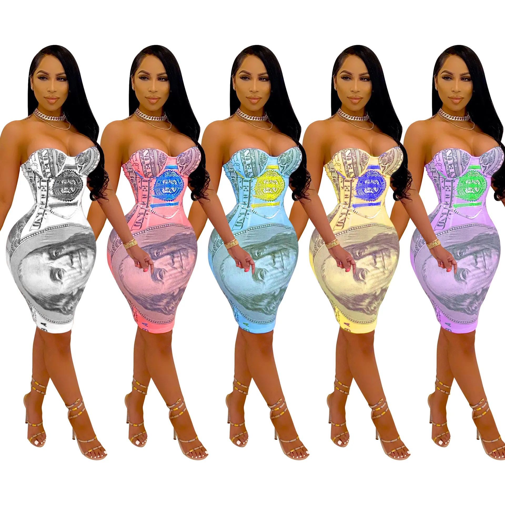 

women summer clothes 2021 sexy casual dollar-prrinted strapless sleeveless plus size mini dresses women colorful bodycon dress, White/pink/blue/yellow/purple