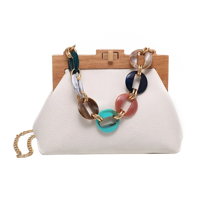 

Wooden gold clip bag French character colorful acrylic chain Women Clutch shoulder bag