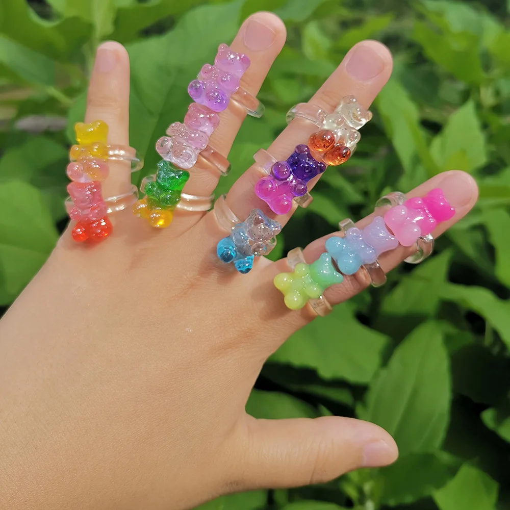 

CARTER LISA Fashion Colorful Teddy Bear Ring for Women Girl Cute Gloomy Bear Finger Ring Acrylic Statement Resin Bear Ring