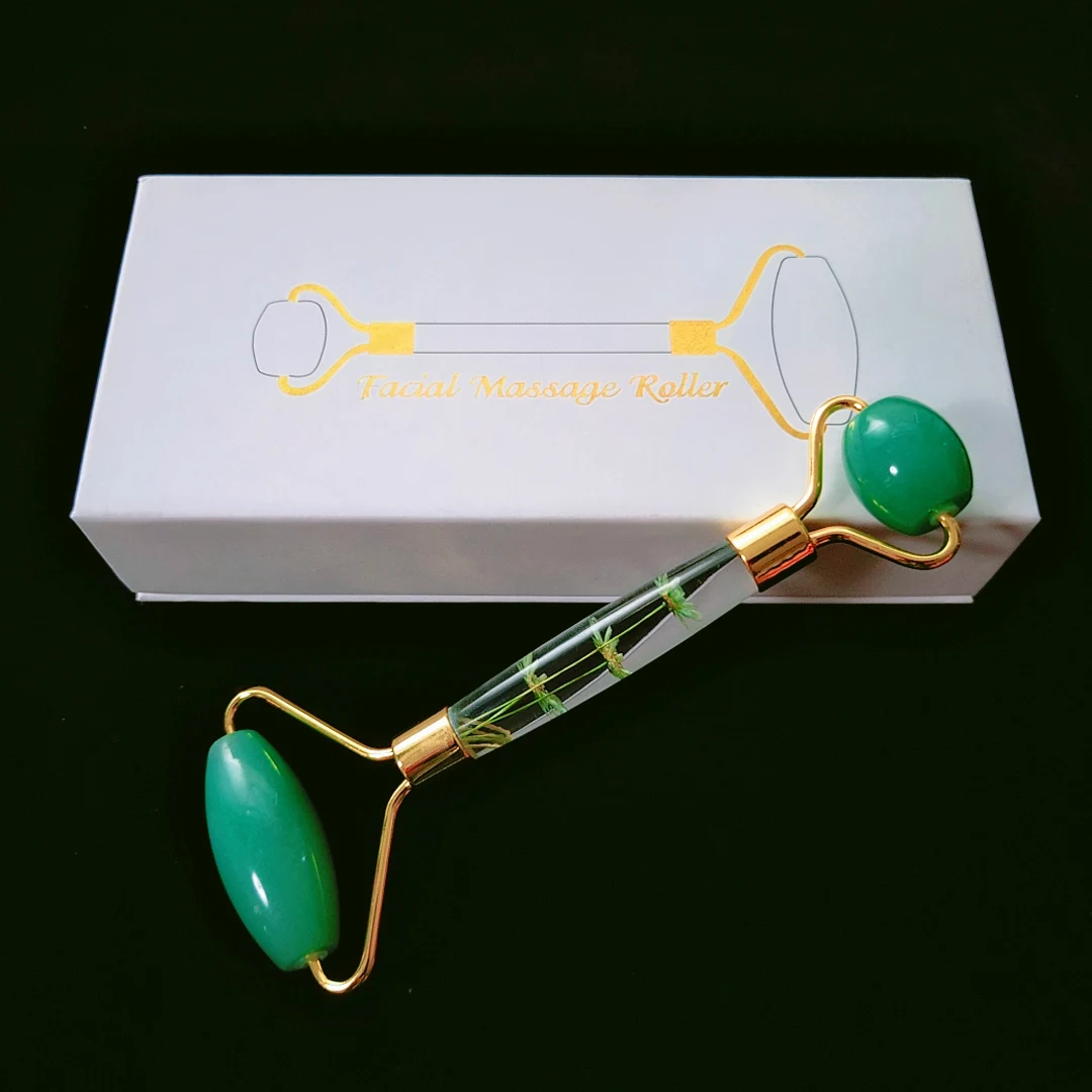 

Multifunctional facial anti aging massage green aventurine flower handle jade roller with box