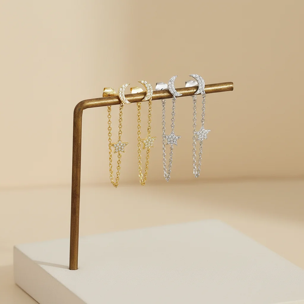 FUAMAY 77mm Long Silver Chain Earrings 18K Gold Plating Pave Diamond Moon Star Design Main Stone Zircon Sterling Silver Jewelry