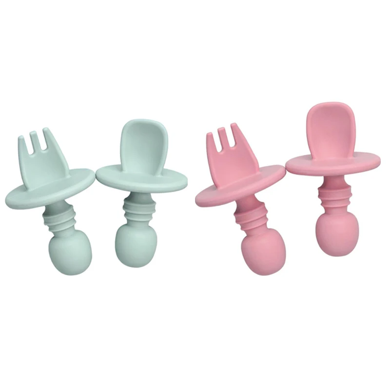 Food Grade Silicone Infant Solid Food Training Spoon And Fork Feeding Set Toddler First Stage Feeder Amazon Hot Baby Products