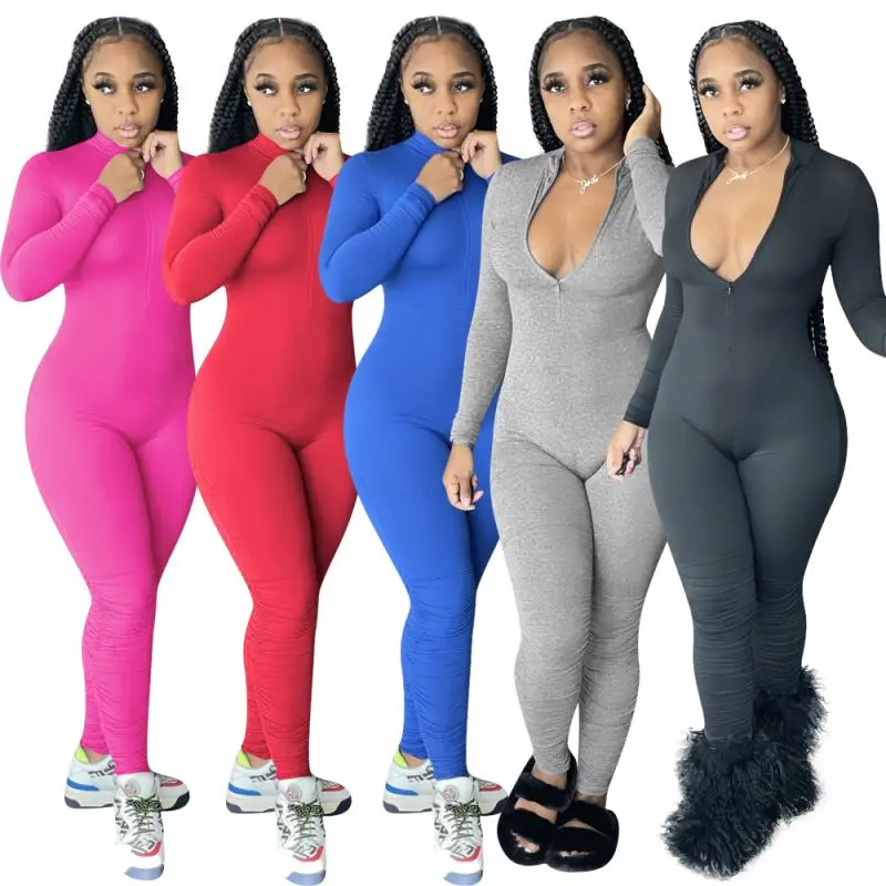 

Autumn winter long sleeve Jumpsuit solid color open chest sexy Jumpsuit invisible zipper calf fold slim Jumpsuit, Yellow,red,black,blue,pink