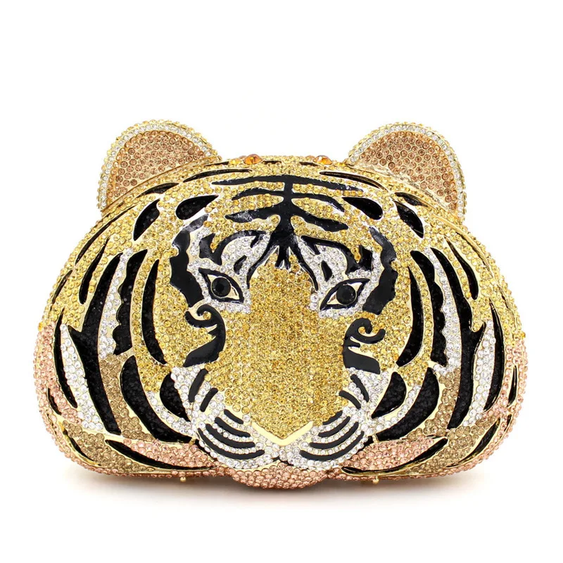 

Bling Rhinestone Chain Cross Body Bag Animal Purse Lady Full Diamond Clutch Tiger Head Evening Bag, Customized