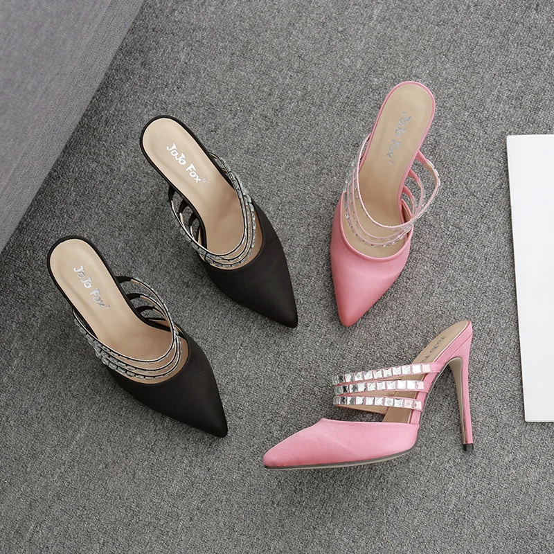 

205-7 DEleventh woman shoes European-american style, sexy Satin three-bar high-heeled slippers with water drill point