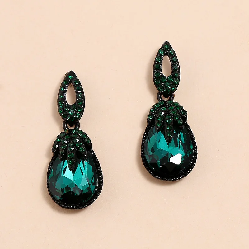 

JUHU water drop-shaped green diamond earrings exaggerated crystal earrings fashionable wedding jewelry gift for women