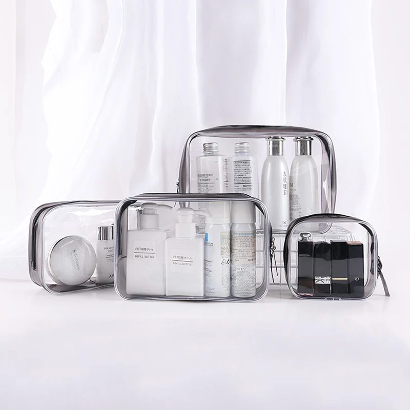 

Organizer Clear Tote Travel Toiletry Compliant Bags TPU Zipper WaterProof Makeup Transparent Pvc Cosmetic Bag, Clear+black