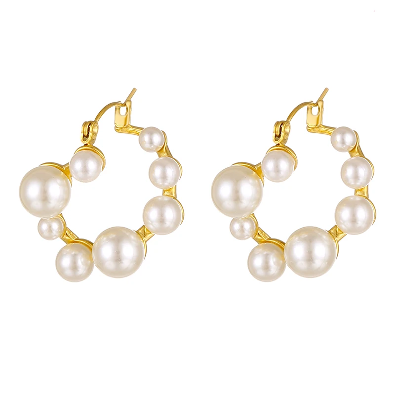 

18k Gold Plated Stainless Steel Imitated Pearl Hoop Earrings for Women