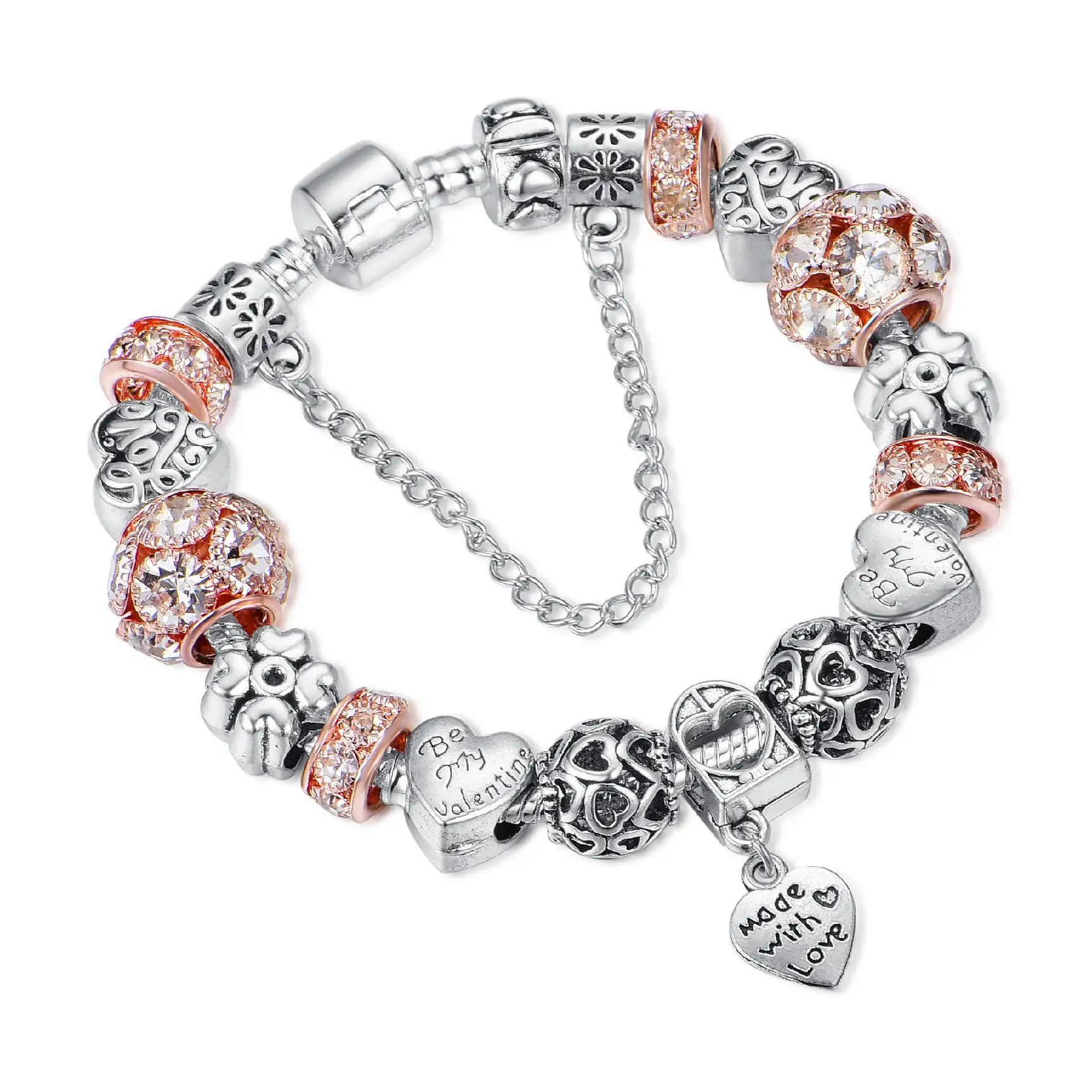 

Amazon Hot Sale Rose Gold Diamond Love Bracelet European And American Charming Women Hollow Heart Charm Bracelet, As picture showed