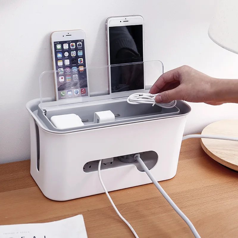 

C251 Power Cord Cable Charger Socket Storage Box Power Line Storage Organizer Box Under Desk Plastic Cable Box Organizer, White,gray