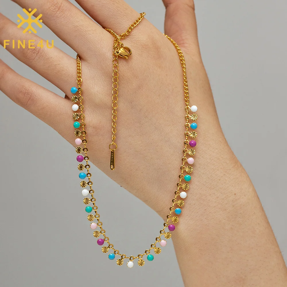 

Tarnish Free Summer Beach Jewelry 18K Gold Plated Stainless Steel Boho Rainbow Enamel Beaded Necklace