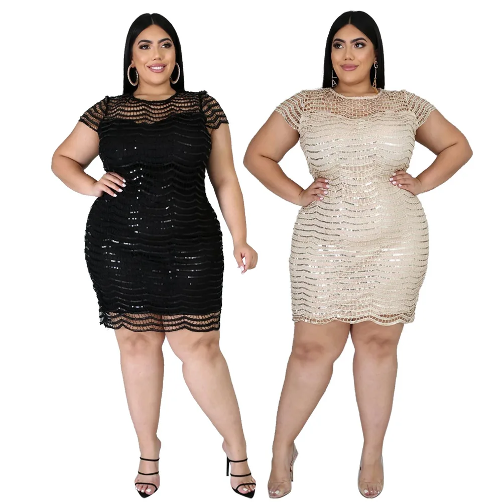 

Women Fashion Clothing Summer Hollow Wave Sequin Sexy Mini Dress Bodycon Plus Size Dress Women