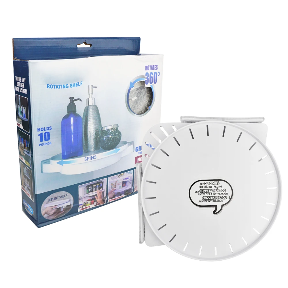 

Durable corner shelves wall mounted 360 degree rotating shelf up to 10 lbs holds with 2 adjustable hooks, White