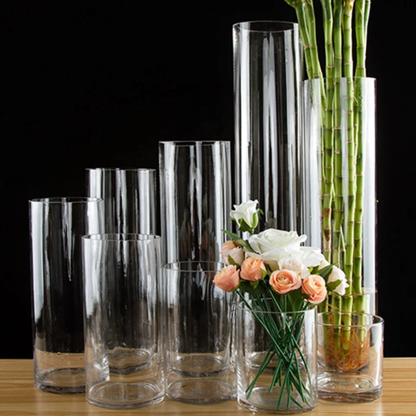 

Handblown crystal set of 3 tall Cylinder wedding Flower Glass Vase, Customized