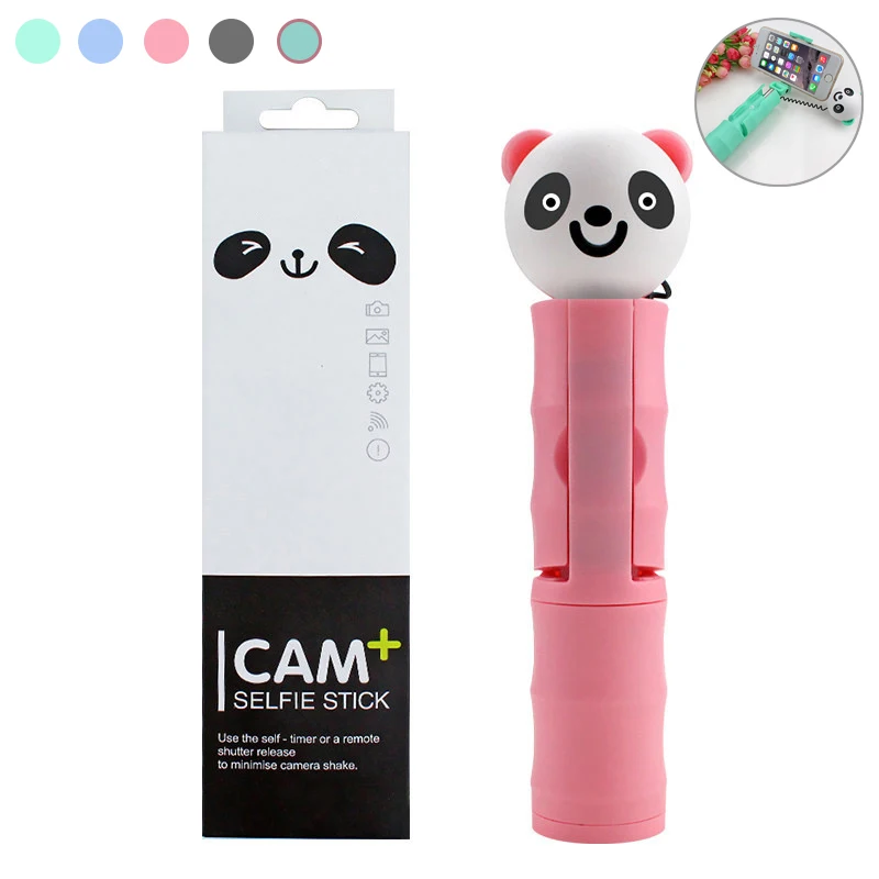

Mini Cartoon portrait Panda wired Selfie Sticks Monopod Extendable For iPhone Android Smartphone Remote Shutter Selfie pole, Macaron black/blue/green/pink/green+pink