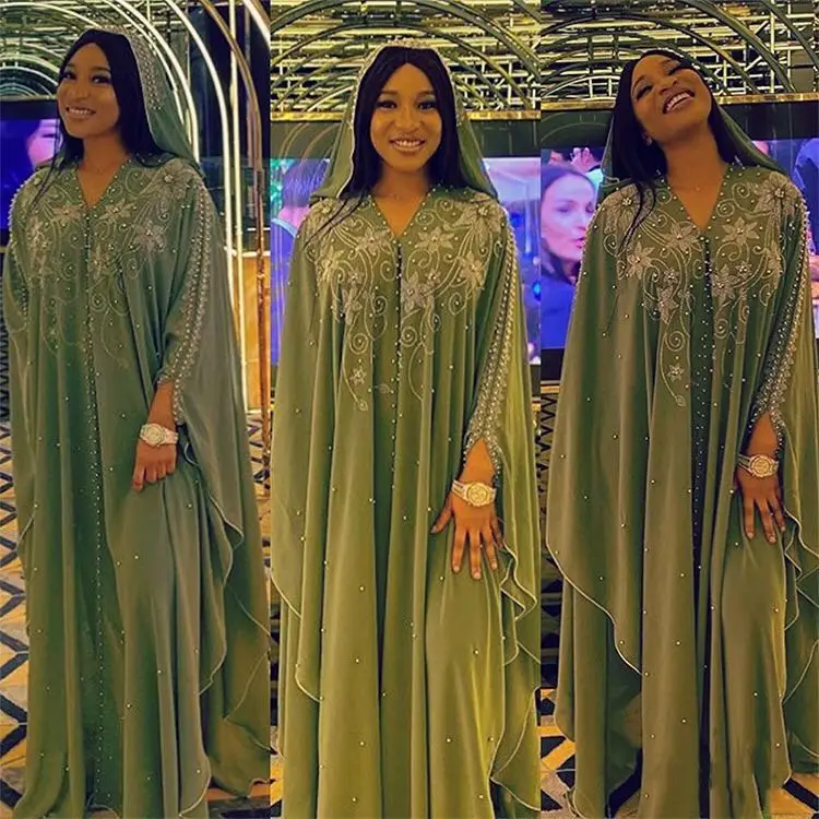 

African&Dubai&Islamic ladies chiffon pearl long gown factory wholesale abaya dress, Green or customized