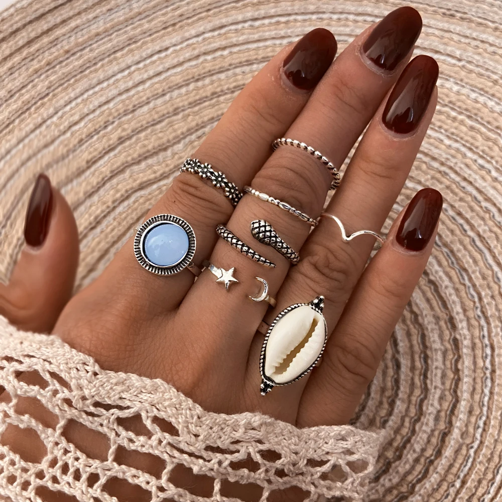 

Vintage Gold Color Shell Heart pearl Ring Geometric Female Finger Rings Set Jewelry For Women