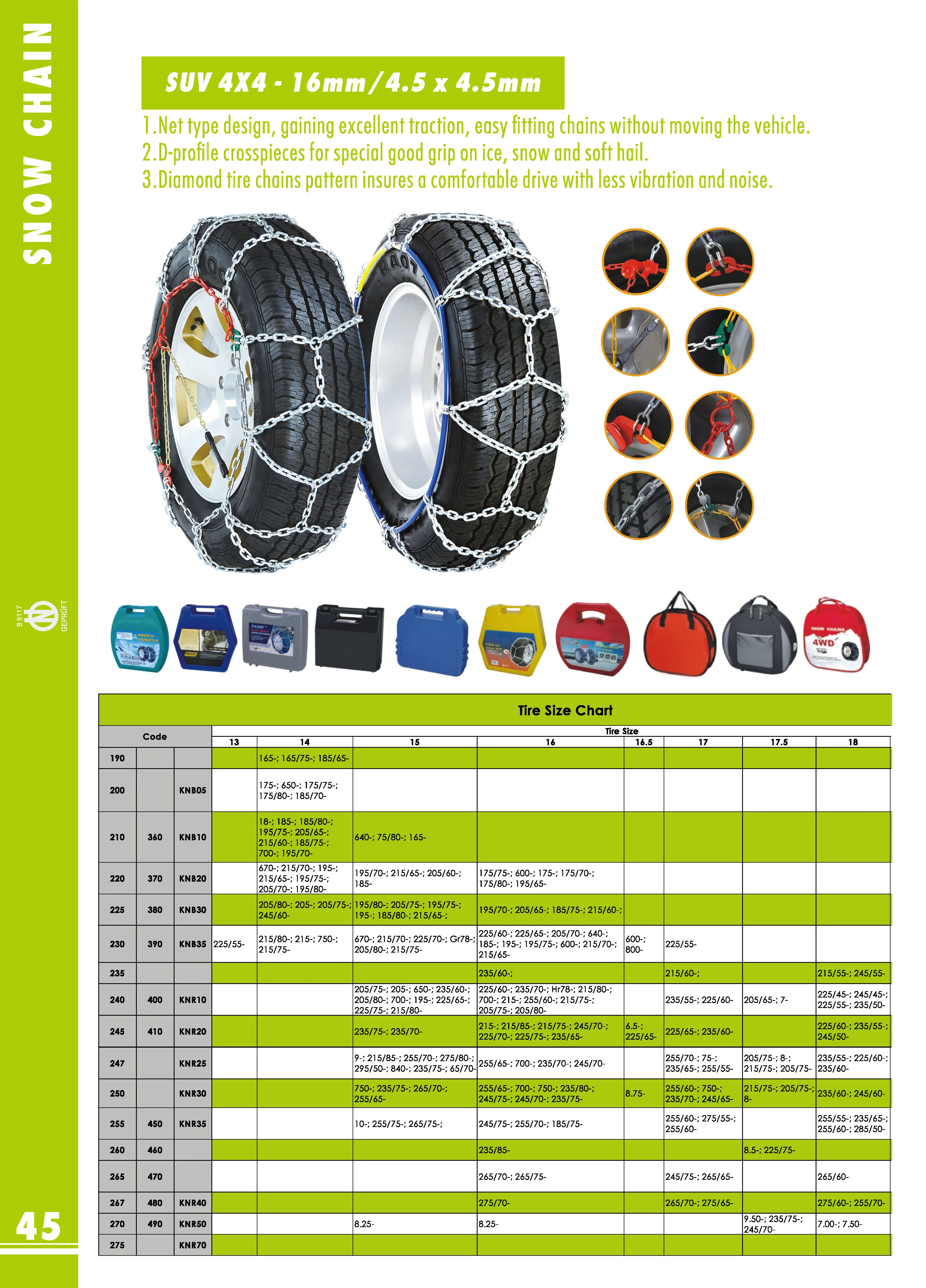 High Quality Snow Chains Alloy Steel Of Kn Awd 16x16 Tn Types For Cars