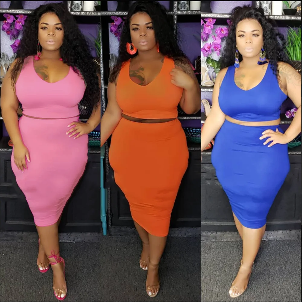 

LLDRESS New Trendy Plus Size Women Clothing 2 Piece Set XXXXXL Sleeveless Crop Top Two Piece Skirts Set