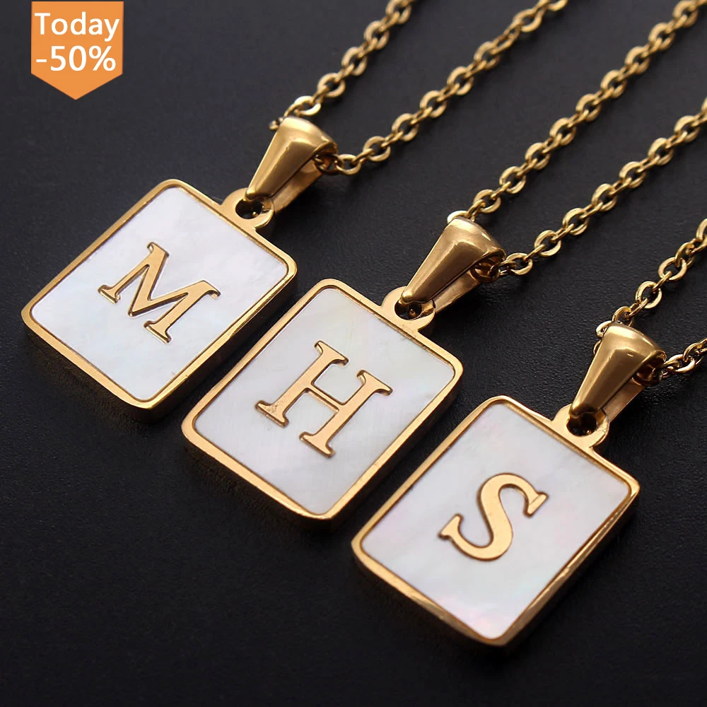 

wholesale 18k Gold Stainless Steel Letter A-z Initial Necklace For Women White Rectangle Shell Alphabet Pendant Necklace jewelry