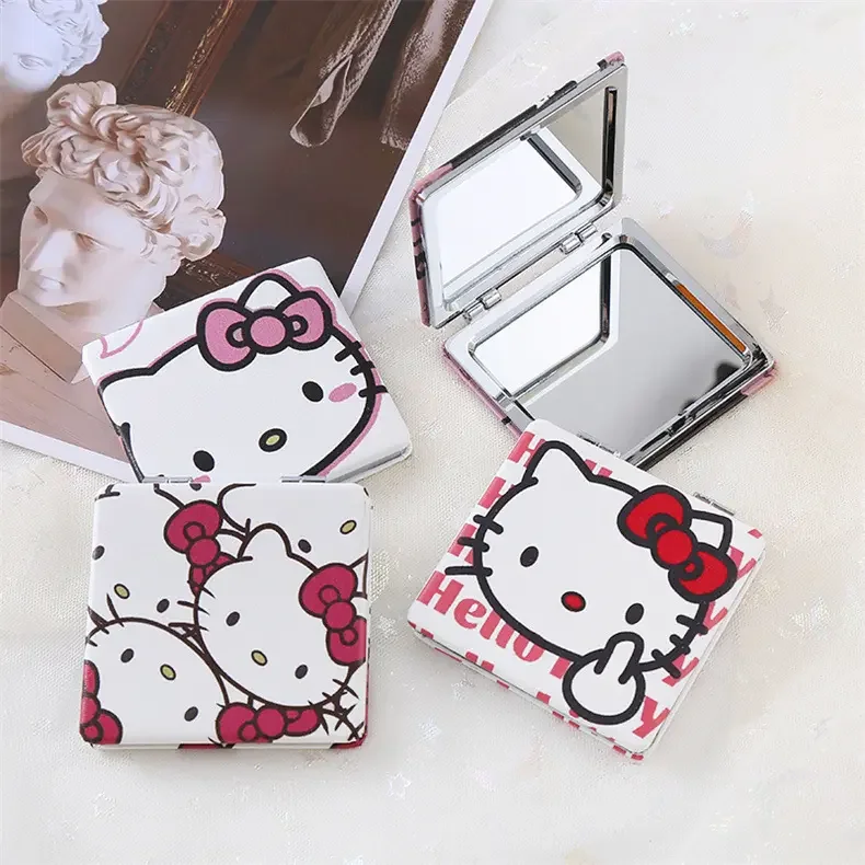 

2023 New Style Portable Cartoon Cute Girl Helloed Kitty KT Cat Square Travel Custom Logo Foldable Pocket Makeup Beauty Mirror