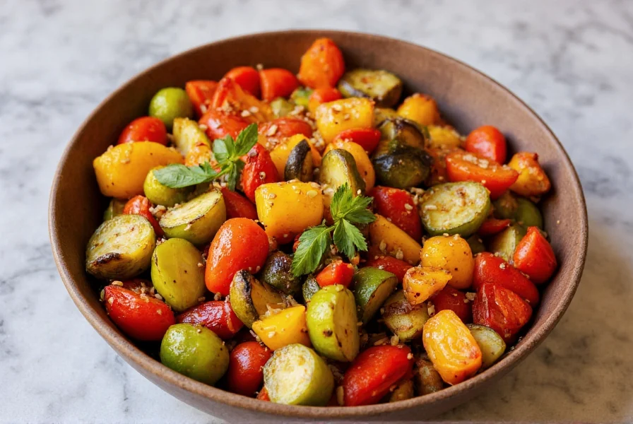 Colorful bowl of roasted vegetables seasoned with cumin seeds and other spices