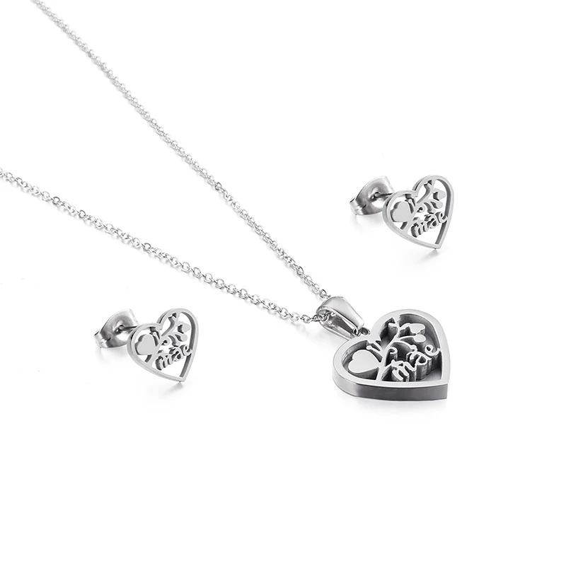 

New Design Wild Pendant Hollow Jewelry Party Stainless Steel Earring Heart Necklace Set, Gold,sliver