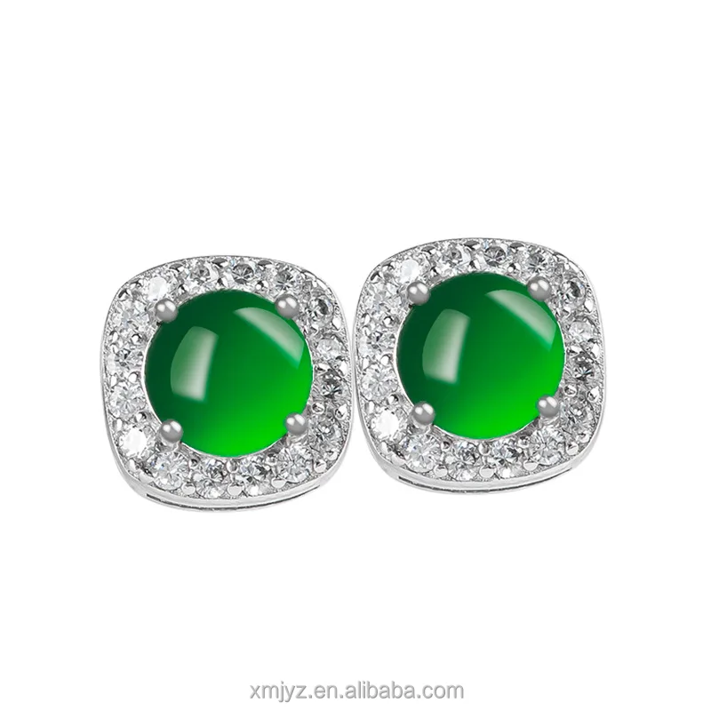 

Certified Grade A S925 Silver Inlaid Natural Emerald Egg Surface Yang Green Ice Jade Stone Stud Earrings Fashion Earrings