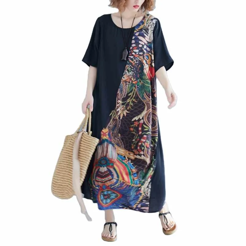 

Women's Casual Loose Elegant Printed Cotton Linen Maxi Dress