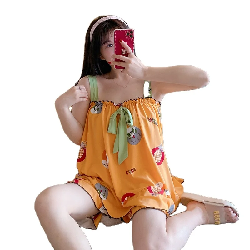 

Women night Polyester sleepwear ventilate gallus sleeveless nightgown High Quality Cheap 2 Piece night skirt Pajamas