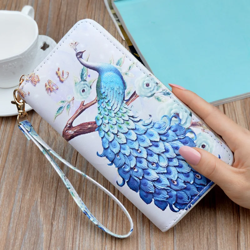 

Wholesale 2019 handbag lady purse  style zipper Korean animal peacock printing fashion student wallet mobile phone bag