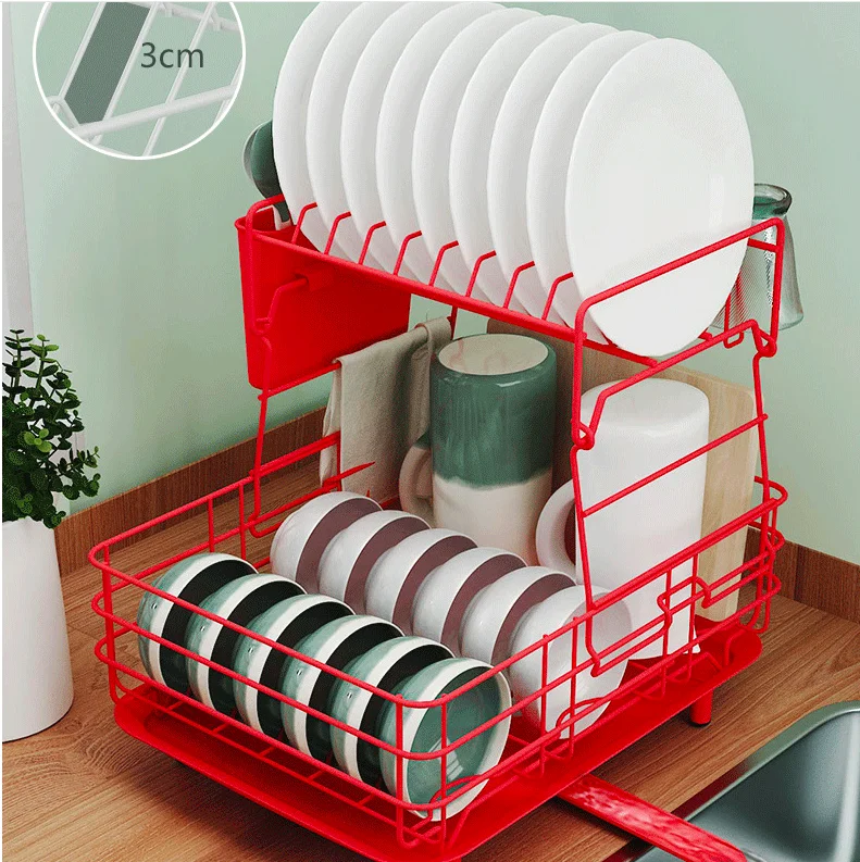 

Silver Kitchen Counter Storage Holders Racks Aluminum Drying Rack 2 Tiers with Removable Dish Drainer Tray, Anti-slip Cup Holder