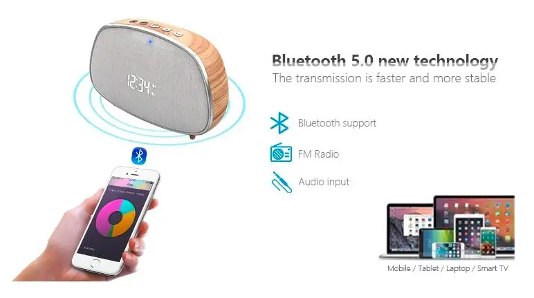 New arrival hot sale wood portable customized logo printed wireless bluetooths alarm clock speaker - ANKUX.COM