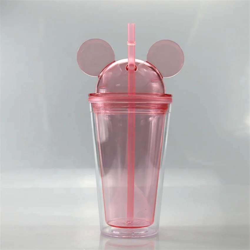 

Custom Logo 16oz Clear Double Wall Kids Drink Bottle Minnie Ear Acrylic Plastic Water Bottle Cup Mickey Mouse Tumbler with Straw, Crystal water bottle, clear drinking bottle