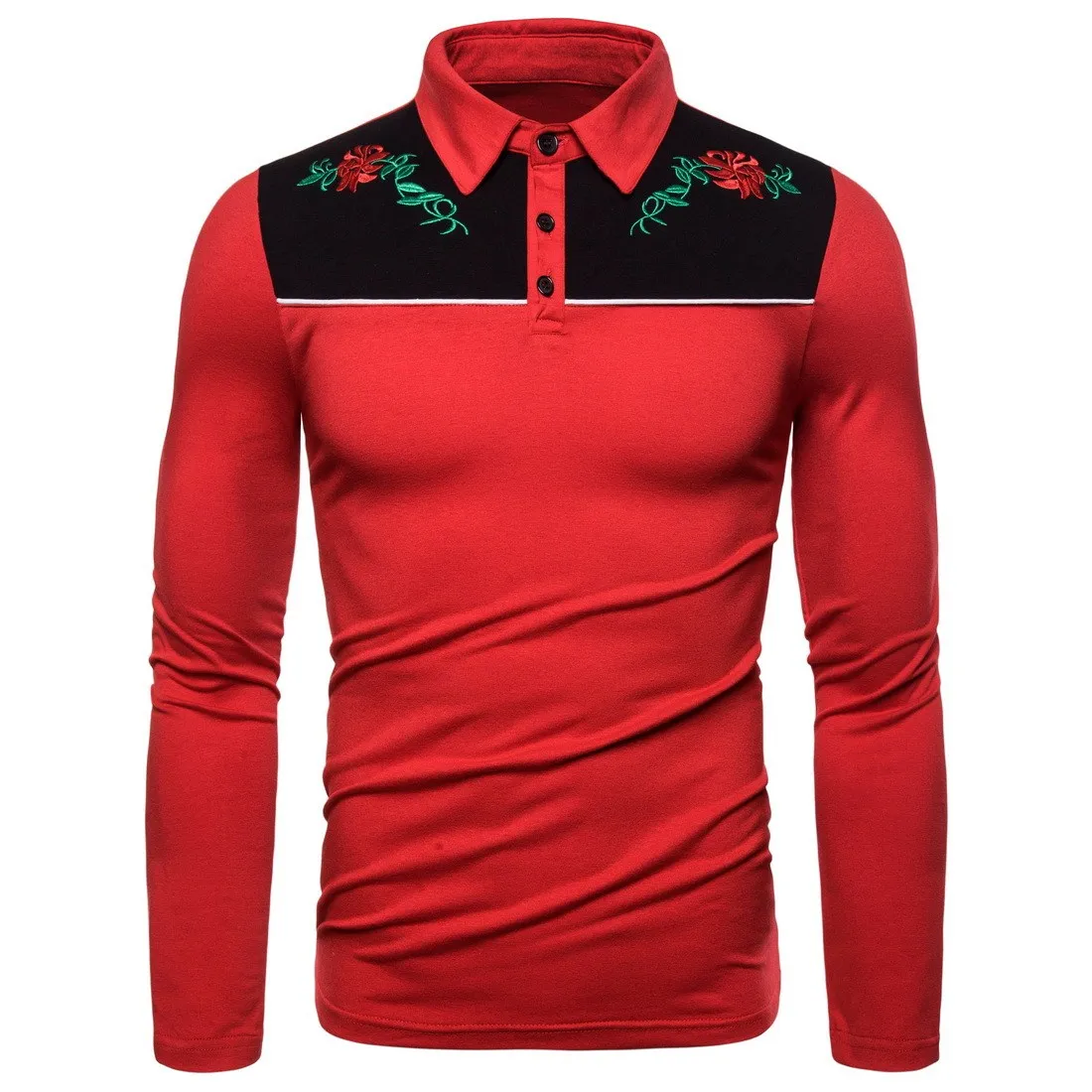 

Mens Long Sleeve Polo Shirts Rose Floral Embroidered Casual Cotton Polo T Shirt