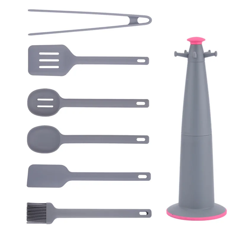 

E158 Kitchen Cooking Utensil Set Non-slip Handle BBQ Cookware Spatula Set Storage Holder Silicone Camping Barbecue Cooking Tools, Grey