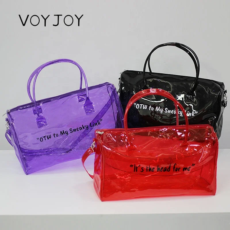 

Custom Jelly Holographic Transparent Plastic Pvc Clear Spend The Night Duffle Bag, Purple, blue, red, pink